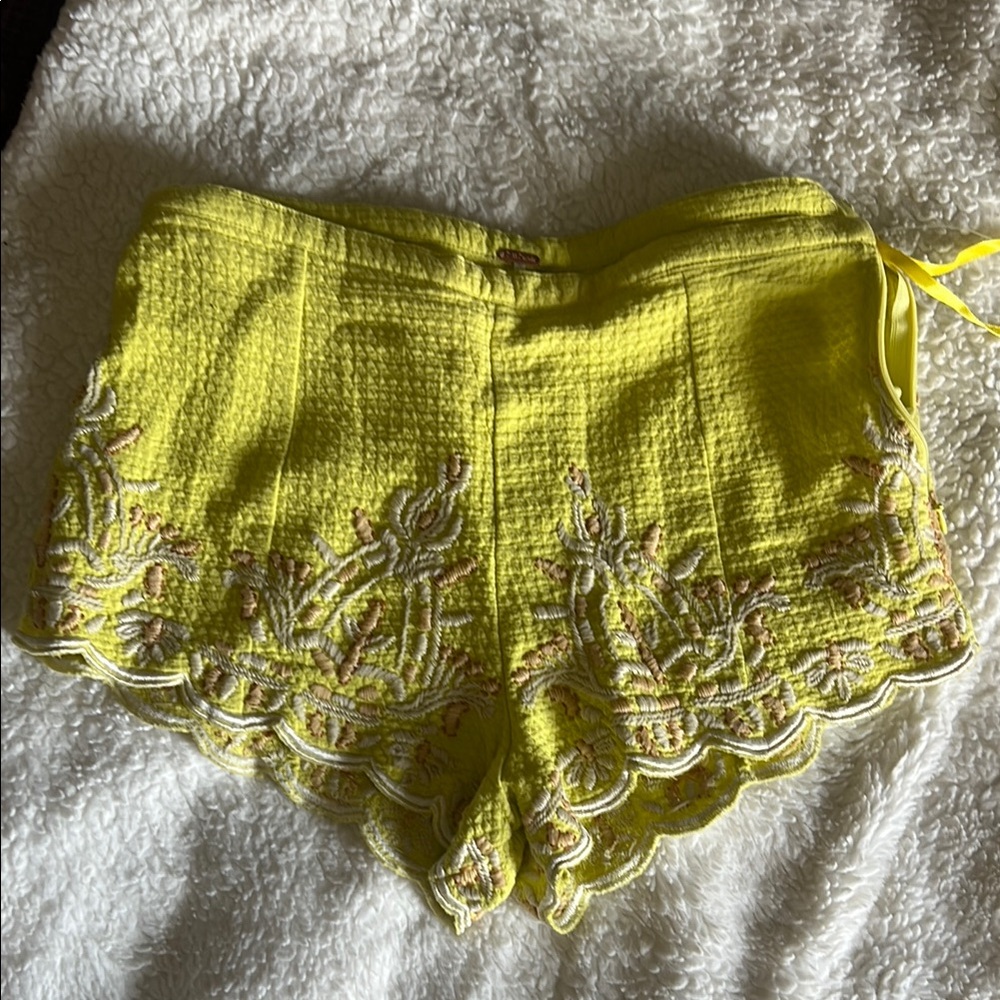 Free People Yellow Embroidered Shorts